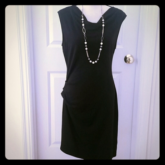 DKNYC Black Cowl Neck Ruched Contemporary LBD Size 12 - Picture 4 of 7